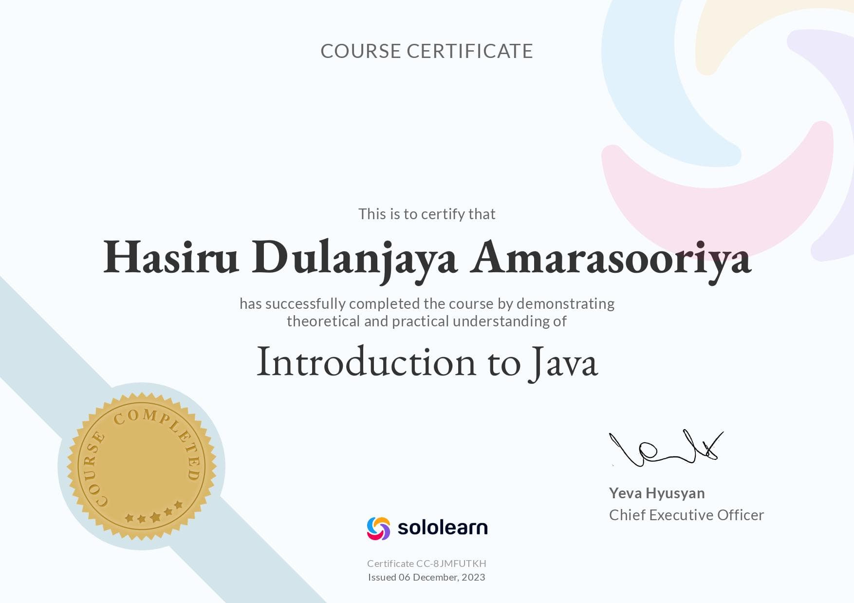 Introduction to Java Certificate