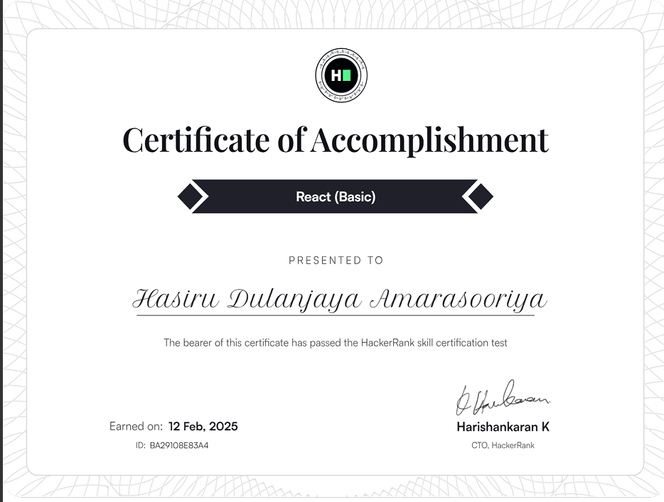 HackerRank - React (Basic) Certificate